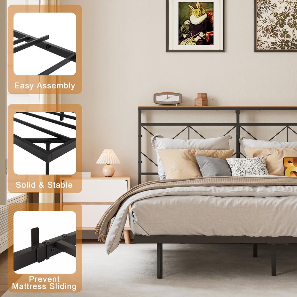 HOMLUX Queen Floating Bed Frame with LED Headboard and Charging Station in Black, , large