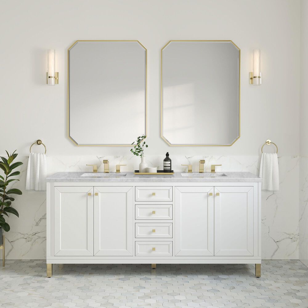 James Martin Vanities Chicago 72&quot; Double Bathroom Vanity in Glossy White with 3 cm Carrara White Marble Top and Rectangular Sinks, , large