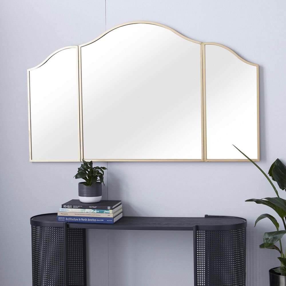 Maple and Jade Metal Arched Wall Mirror with Folding Sides in Satin Gold, , large