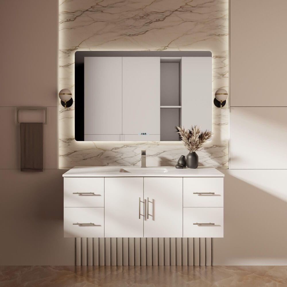 Lexora Home Geneva 48" Single Bathroom Vanity in Glossy White with 2 cm White Cultured Marble Top and Rectangular Sink, , large