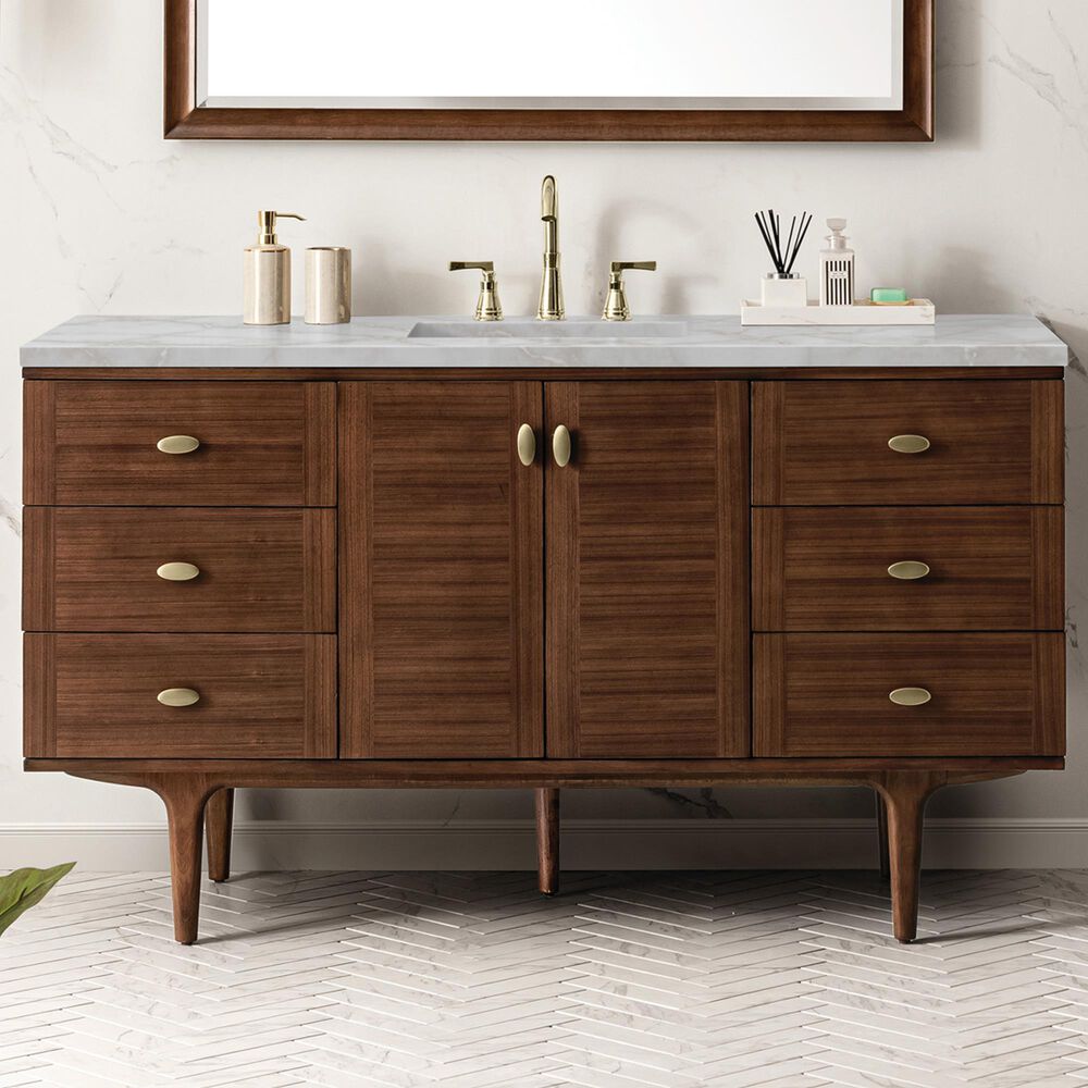 James Martin Vanities Amberly 60&quot; Single Bathroom Vanity in Mid-Century Walnut with 3 cm Victorian Silver Quartz Top and Rectangular Sink, , large
