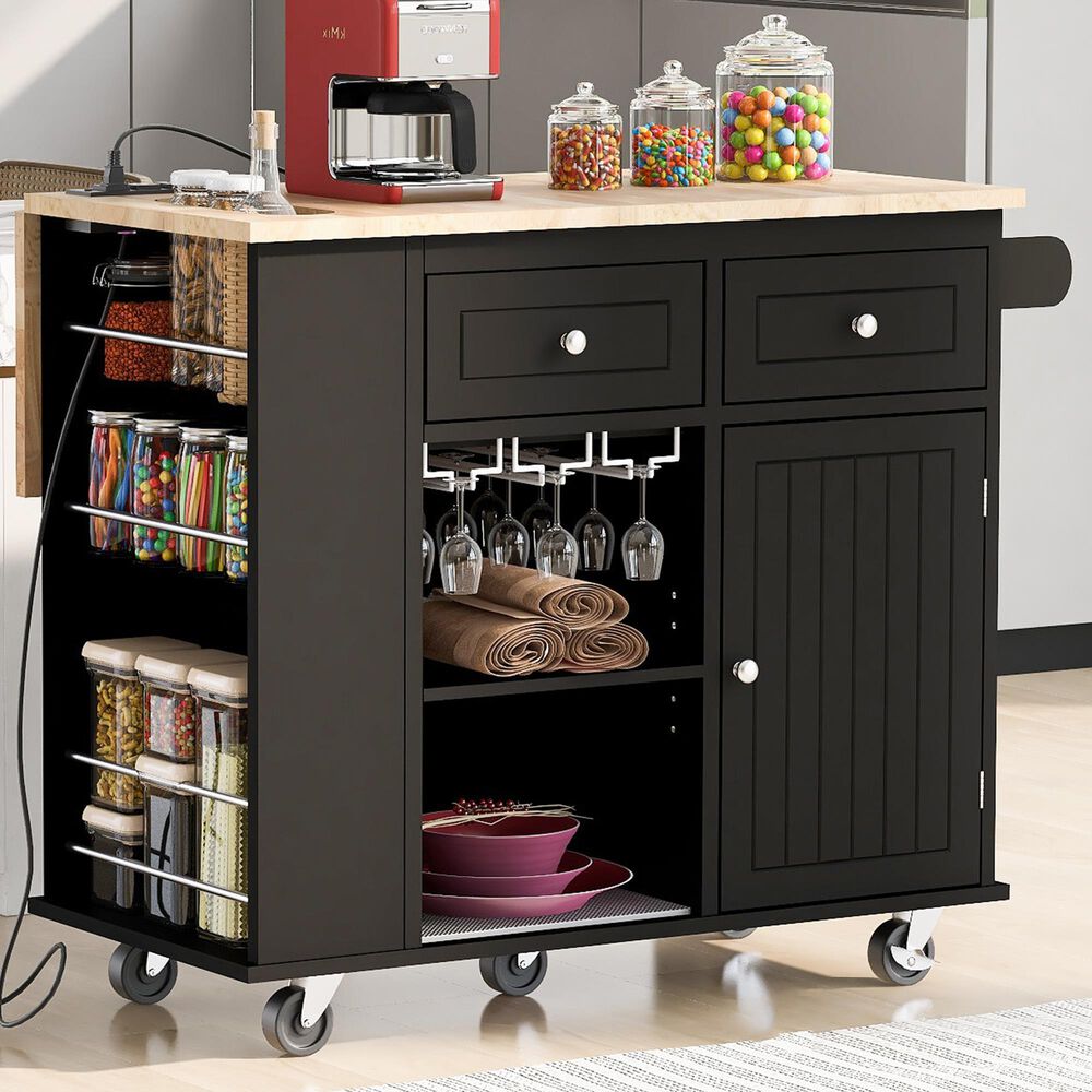 HOMLUX Kitchen Island with Power Outlet and Drop Leaf in Black, , large