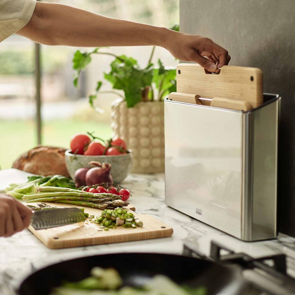 Joseph Joseph Folio 3-Piece 14.2&quot; x 10.2&quot; Steel Chopping Board Set in Bamboo and Stainless Steel, , large