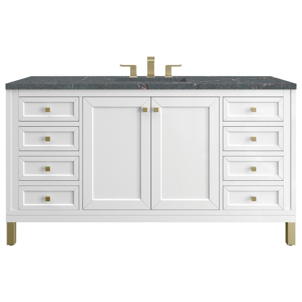 James Martin Vanities Chicago 60&quot; Single Bathroom Vanity in Glossy White with 3 cm Parisien Bleu Quartz Top and Rectangular Sink, , large