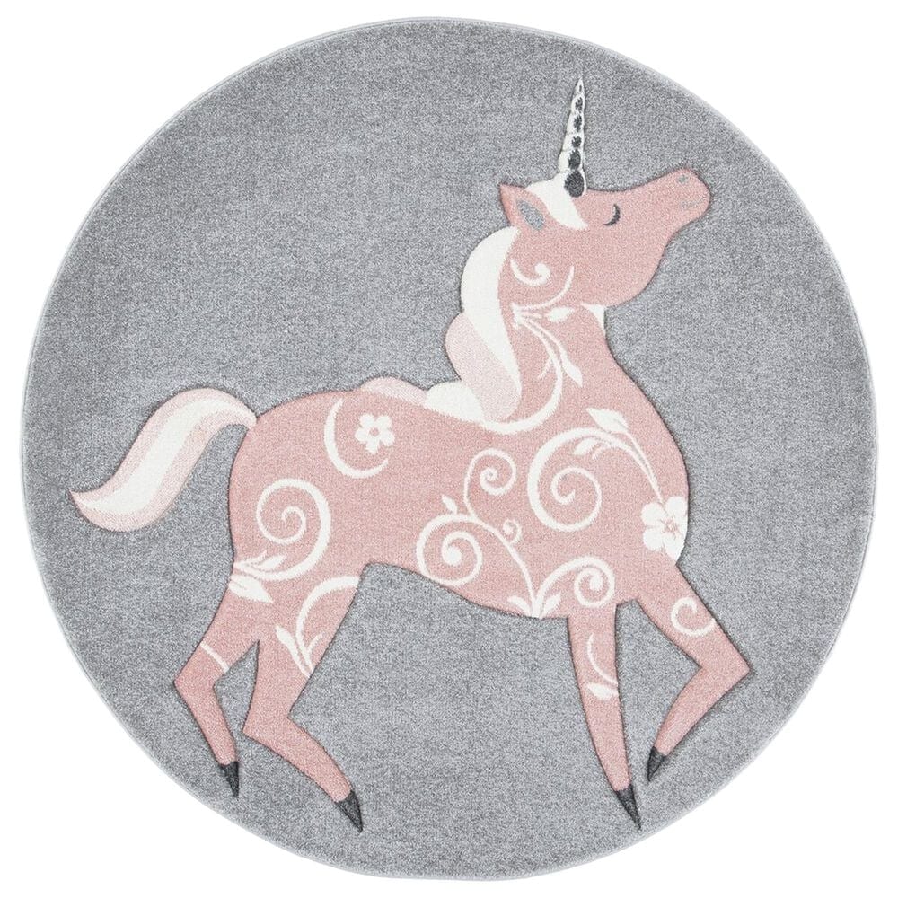 Safavieh Carousel Animals 6"7" Round Grey and Pink Kids Area Rug, , large