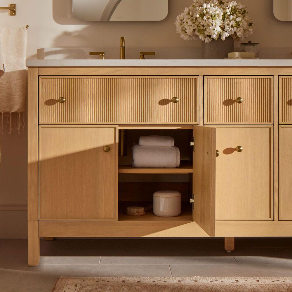 Kohler Malin 72" Double Bathroom Vanity in White Oak with 3 cm White Quartz Top and Rectangular Sinks, , large