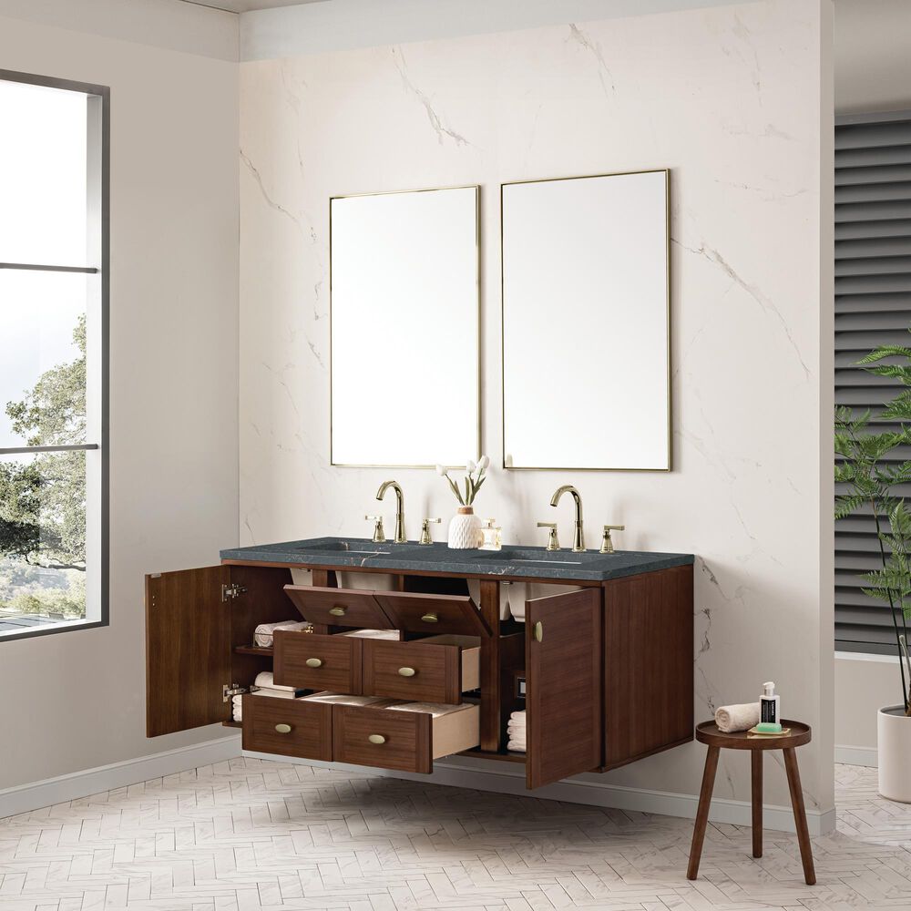 James Martin Vanities Amberly 60&quot; Double Bathroom Vanity in Mid-Century Walnut with 3 cm Parisien Bleu Quartz Top and Rectangular Sinks, , large
