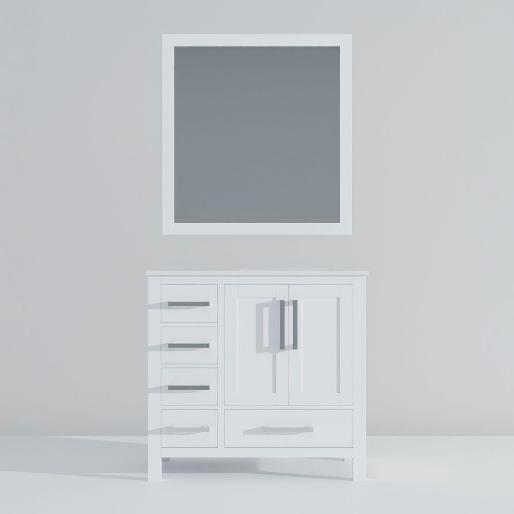 Lexora Home Jacques 36&quot; Right Offset Single Bathroom Vanity in Distressed Grey with 2 cm White Quartz Top, Rectangular Sink and 34&quot; Mirror, , large