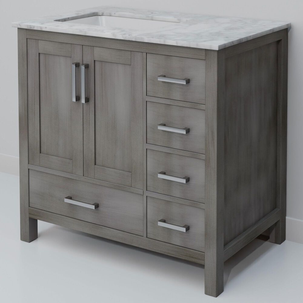 Lexora Home Jacques 36" Left Offset Single Bathroom Vanity in Distressed Grey with 2 cm White Carrara Marble Top and Rectangular Sink, , large