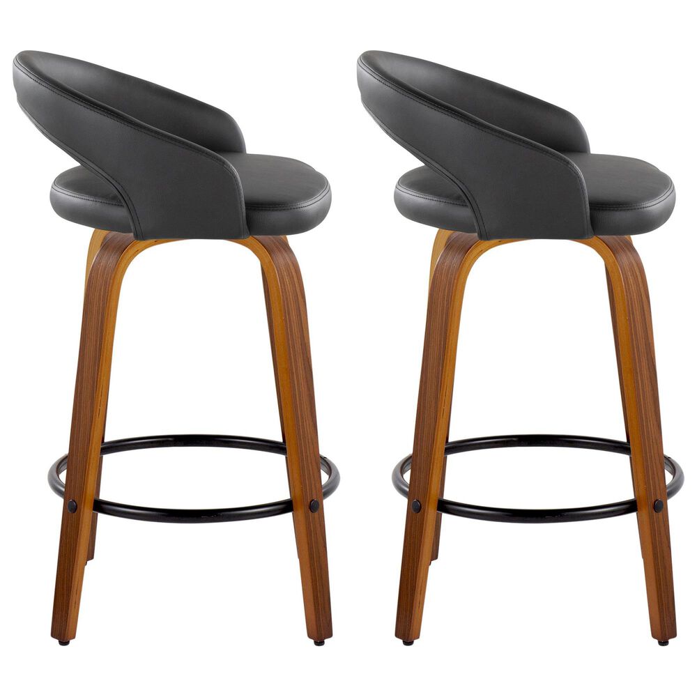 LumiSource Grotto 26" Swivel Counter Stool with Black Faux Leather Upholstery in Walnut and Black (Set of 2), , large