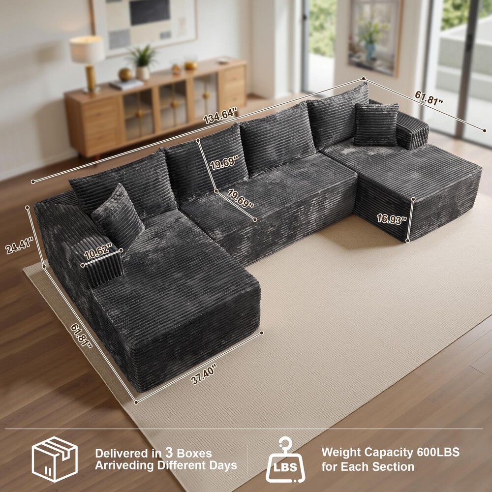 HOMLUX 134.6" Sectional Sofa with High Density Foam in Gray, , large