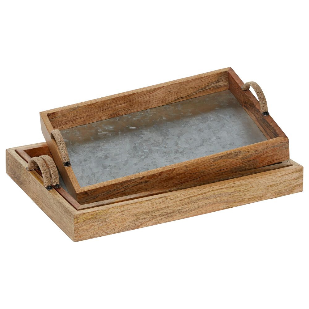 Maple and Jade Wood Tray with Handles in Brown and Gray (Set of 3), , large