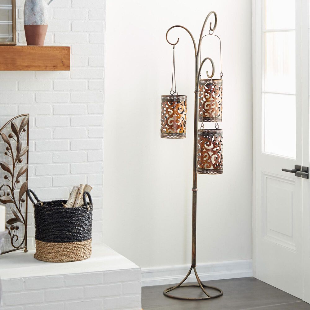 Maple and Jade Perforated Moroccan Standing Floor Scroll Candle Lantern with 3 Suspended Holders in Brass, , large