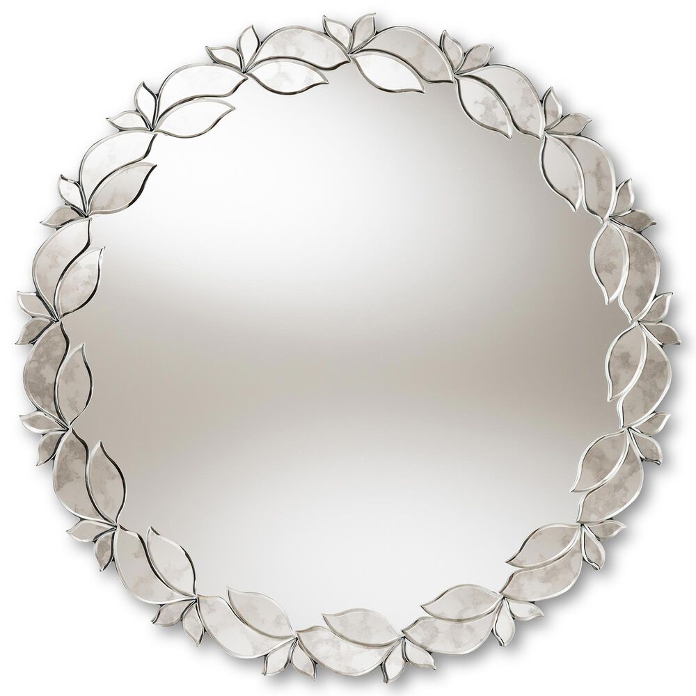 Baxton Studio Luiza Round Petal Leaf Accent Wall Mirror in Antique Silver, , large