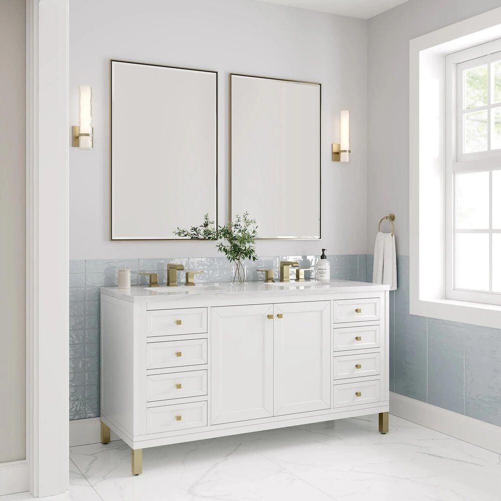 James Martin Vanities Chicago 60&quot; Double Bathroom Vanity in Glossy White with 3 cm Arctic Fall Solid Surface Top and Rectangular Sinks, , large