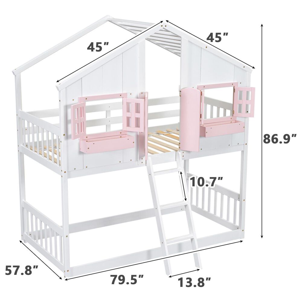 Hearth and Haven Twin over Twin House Bunk Bed with Roof in Pink and White, , large
