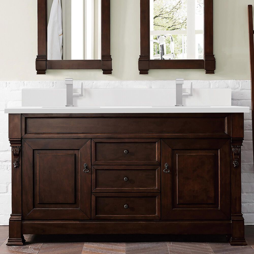 James Martin Vanities Brookfield 60&quot; Double Bathroom Vanity in Burnished Mahogany with Single Hole 3 cm White Zeus Quartz Top and Rectangular Sinks, , large