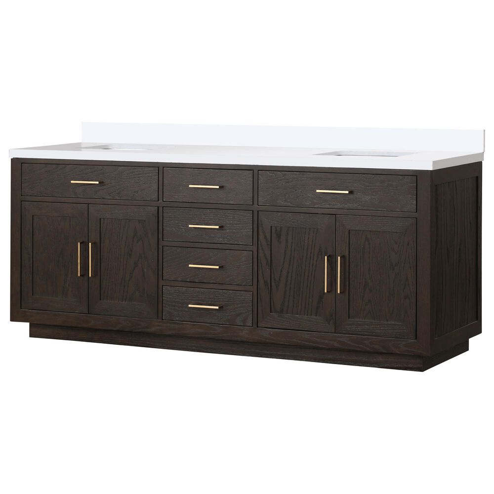 Lexora Home Abbey 84&quot; Double Bathroom Vanity in Brown Oak with 2 cm White Quartz Top and Rectangular Sinks, , large