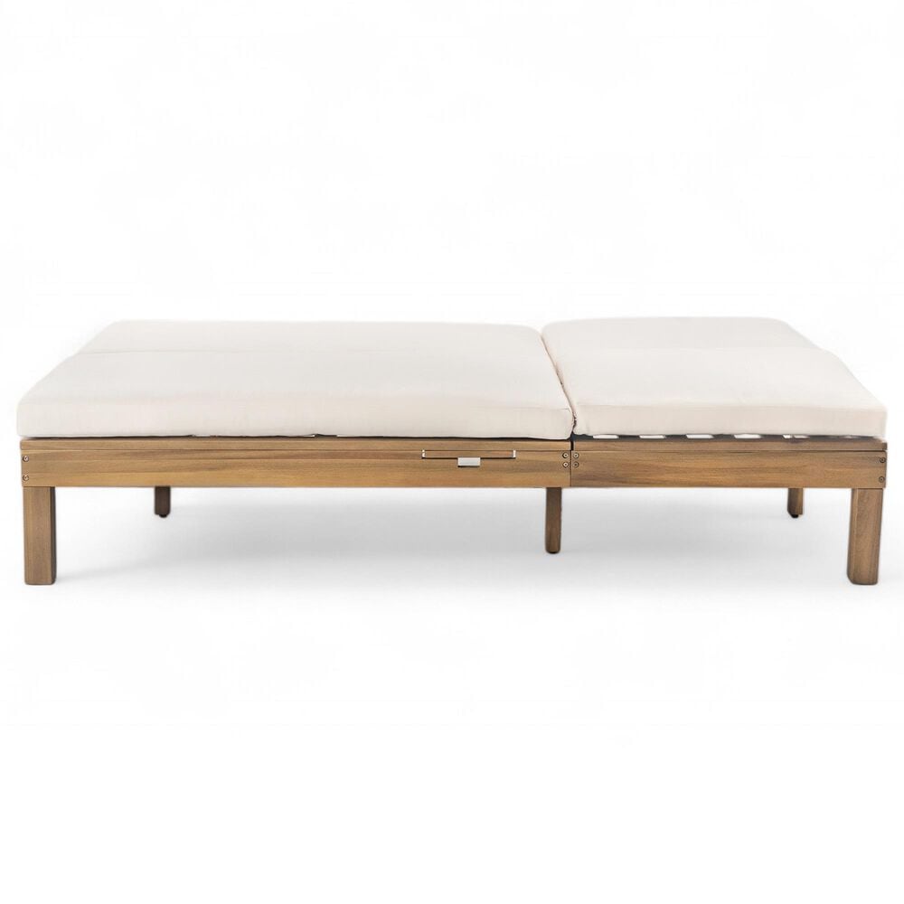 HOMLUX Patio 2-Person Chaise Lounge with Folding Side Tables and Light Teak Frame in Beige, , large
