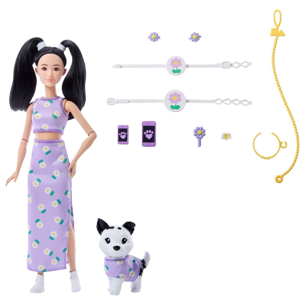 Barbie Twinning Looks Fashion Doll with Pet Dog and Accessories in Purple, , large