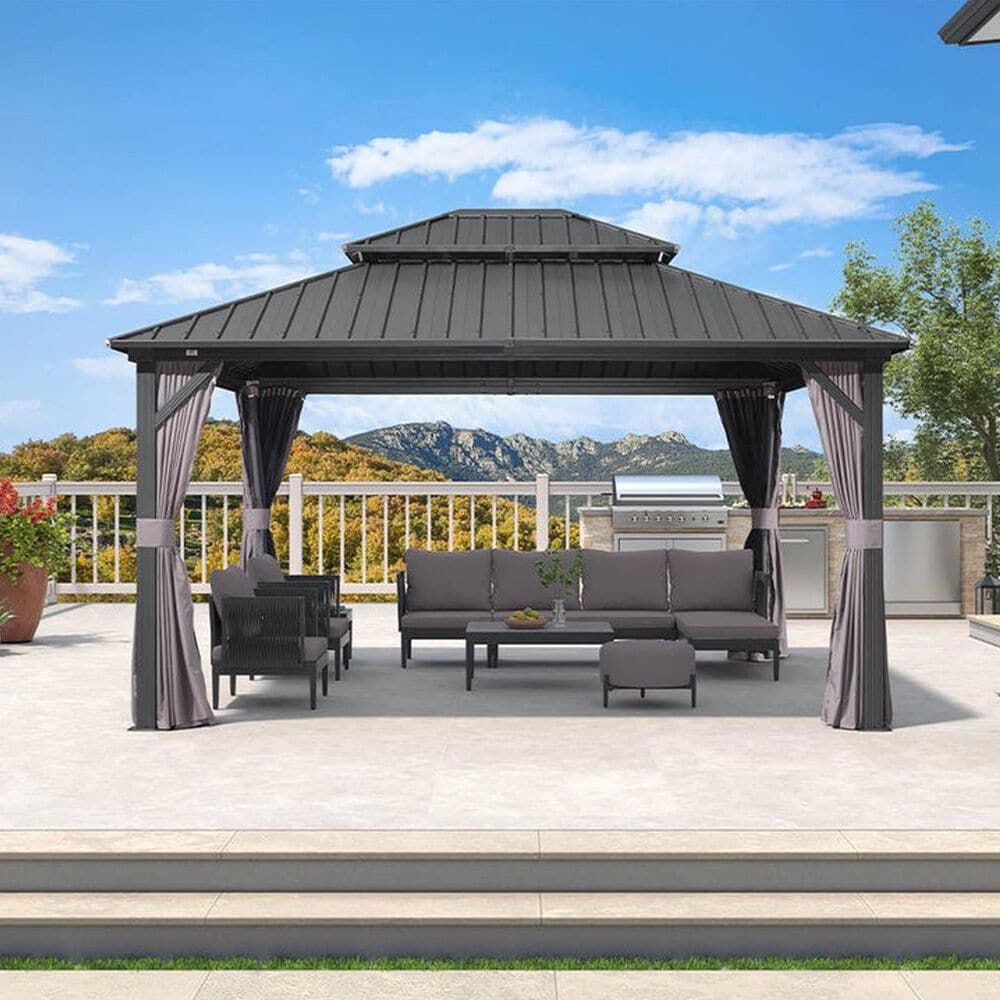 HOMLUX 12' x 14' Outdoor Hardtop Gazebo with Galvanized Steel Roof, Netting, and Curtains, Gray, , large