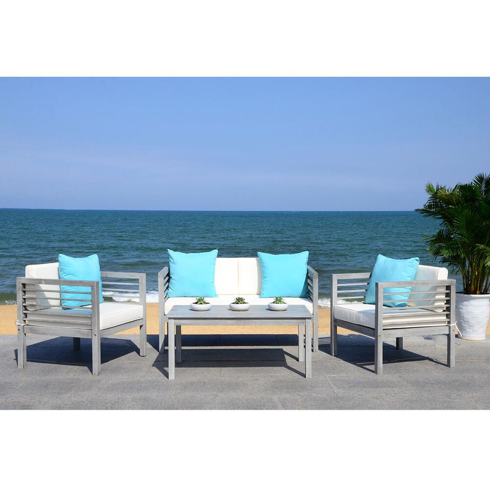 Safavieh Alda 4-Piece Outdoor Set with Accent Pillows in Grey Wash, White, Light Blue, , large