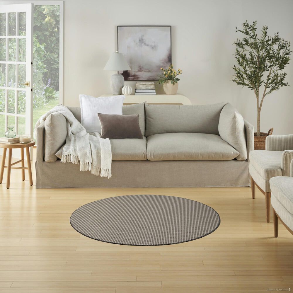 Nourison Courtyard Ivory and Charcoal 4&#39; Round Indoor/Outdoor Area Rug, , large