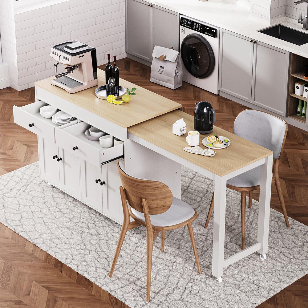 HOMLUX 75" Kitchen Island with Extendable Dining Table in White, , large