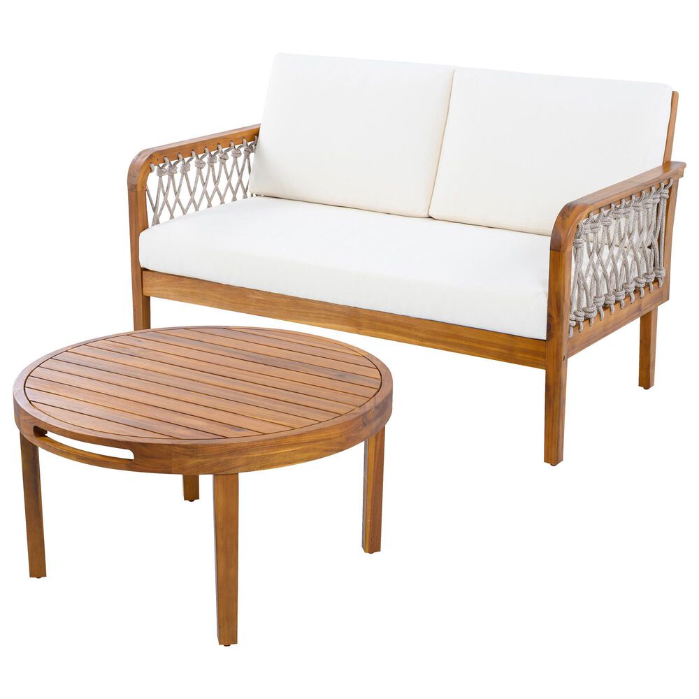 Hearth and Haven 2-Piece Outdoor Conversation Set with Cream Cushion in Light Teak, , large