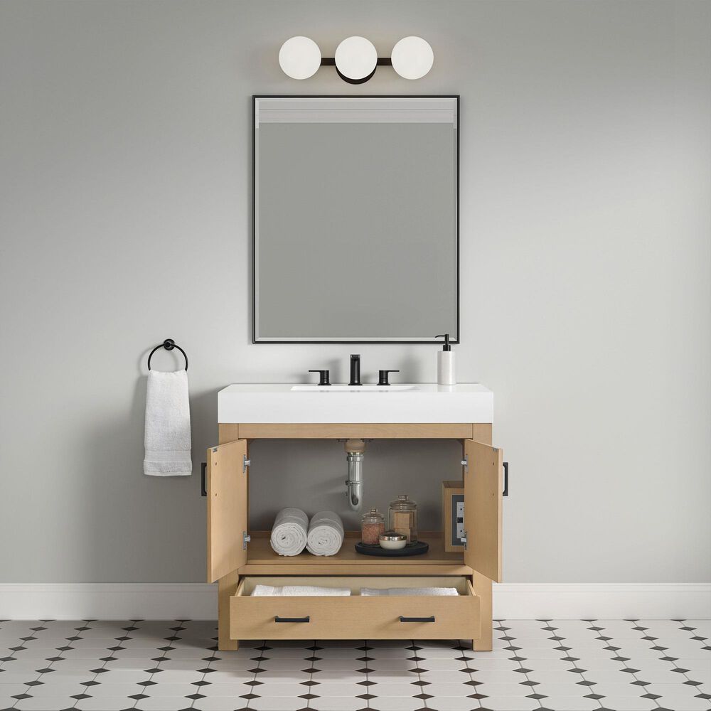 37B Alanya 36" Single Bathroom Vanity in Warm Oak with White Composite Stone Top, , large