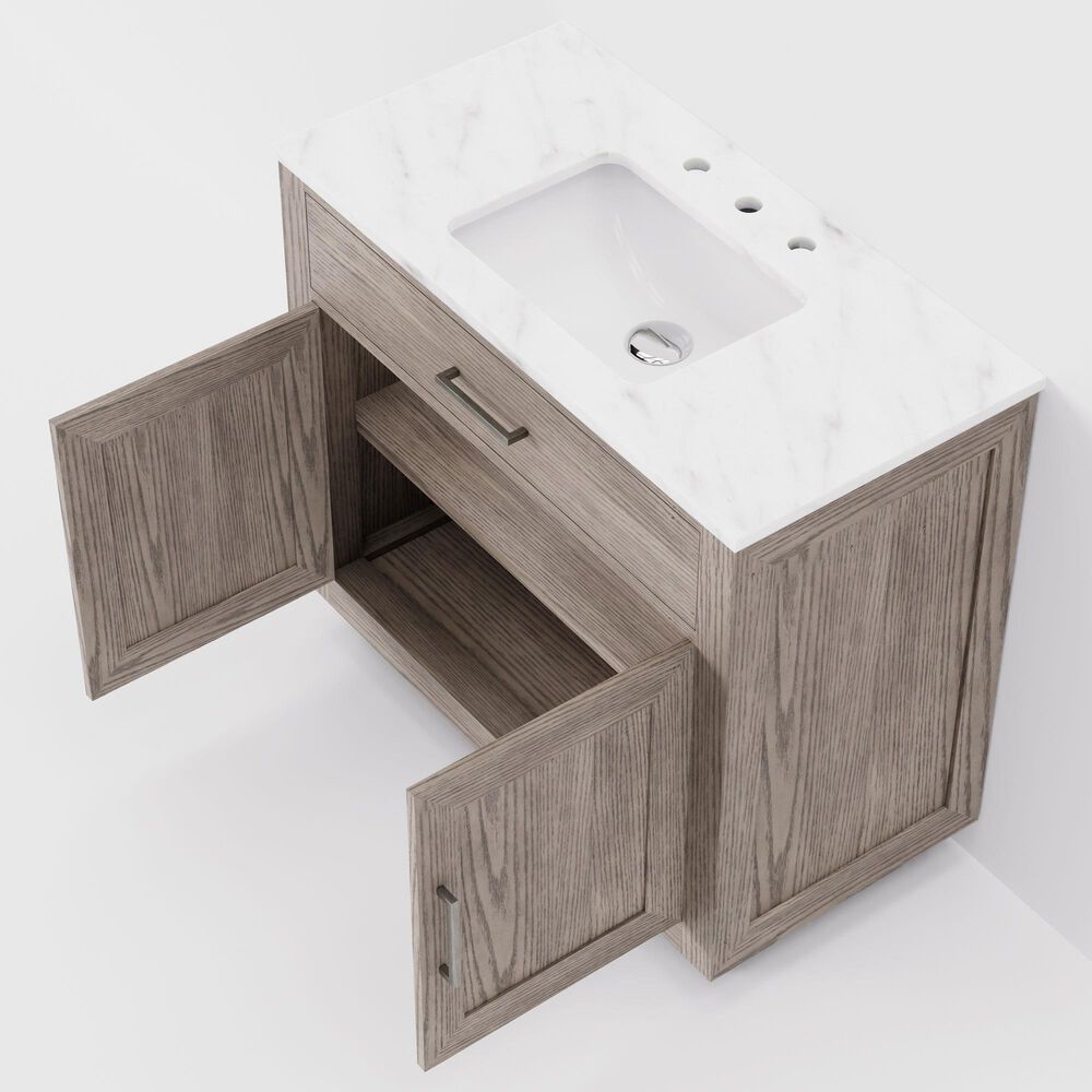 Lexora Home Abbey 36" Single Bathroom Vanity in Grey Oak with 2 cm White Carrara Marble Top and Rectangular Sink, , large