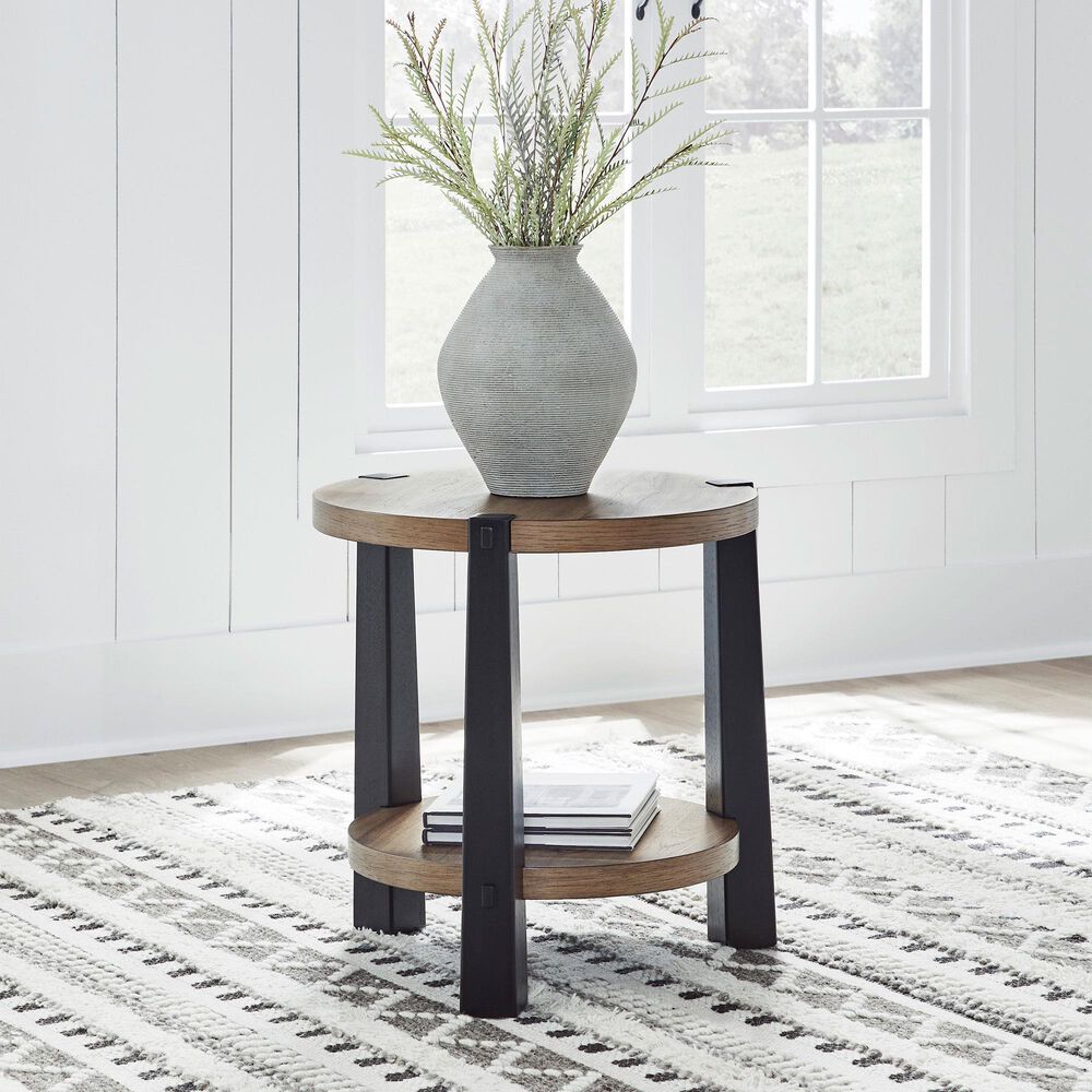 Ashley Ridgester Round End Table in Light Brown and Matte Black, , large