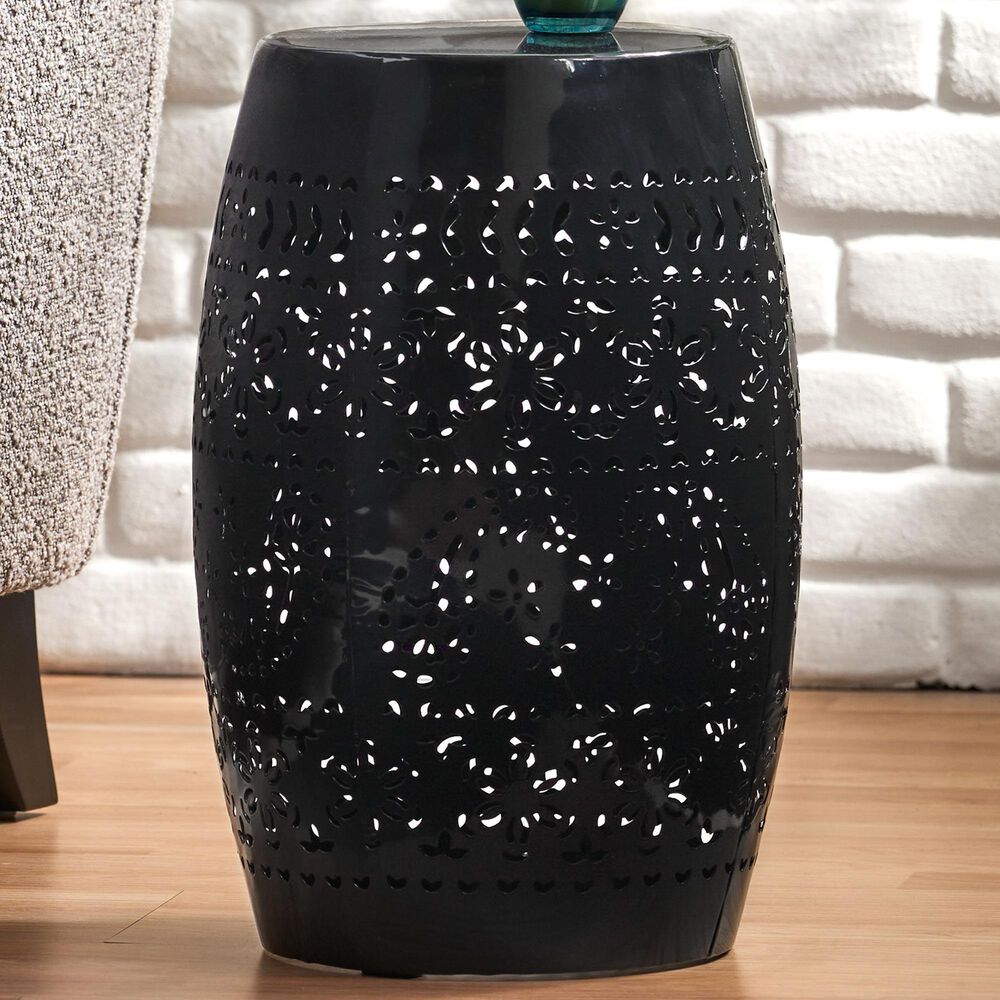 Hearth and Haven Ruby Outdoor Barrel End Table with Lace-Cut Design in Black, , large