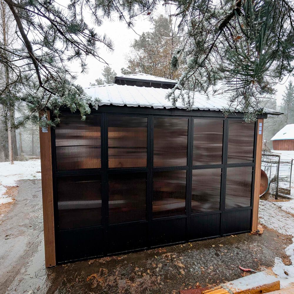 HOMLUX 12' x 16' Outdoor Hardtop Gazebo with Wood Grain Aluminum Frame in Black, , large