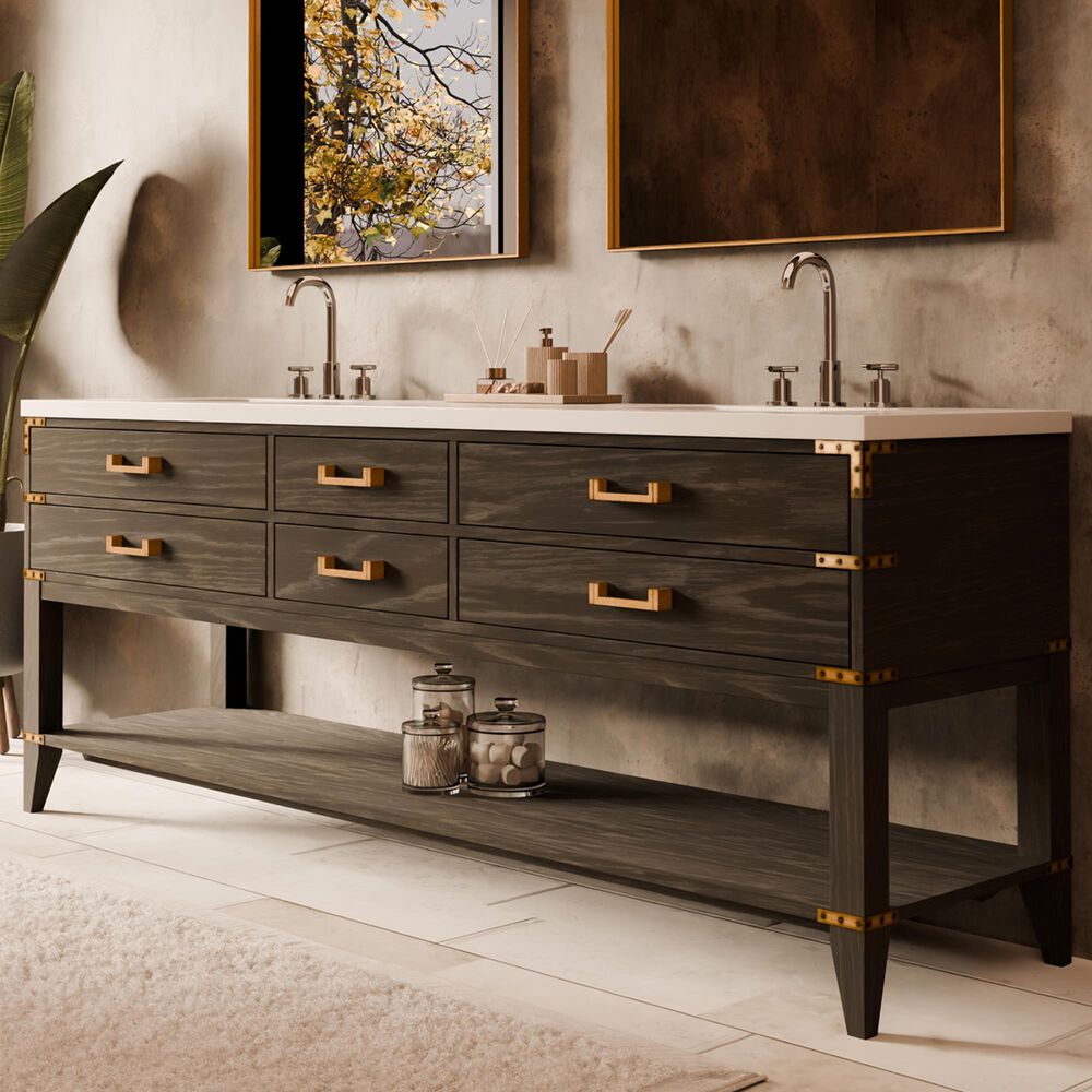 Lexora Home Norwalk 84&quot; Double Bathroom Vanity in Black Oak with White Quartz Top and Rectangular Sinks, , large