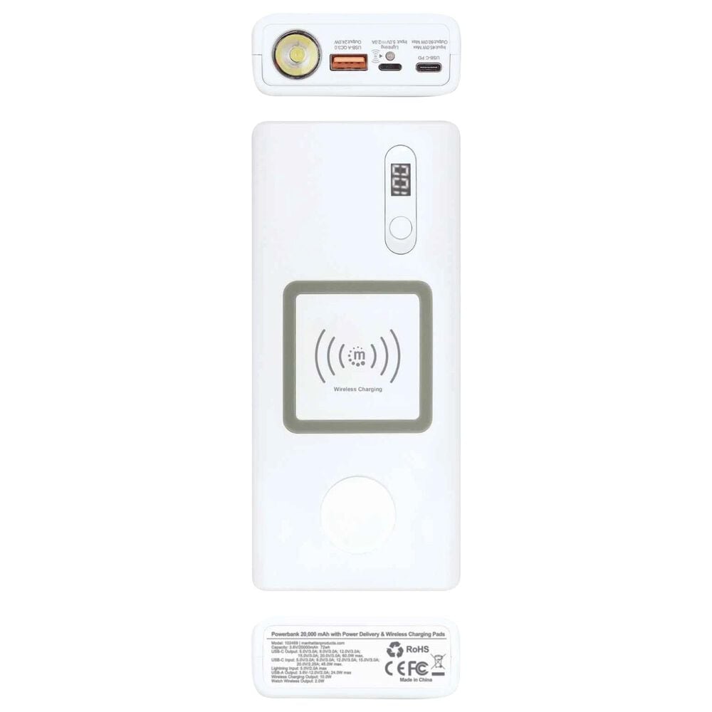 Manhattan Powerbank 20,000 mAh with Power Delivery and Wireless Charging Pads in White and Silver, , large