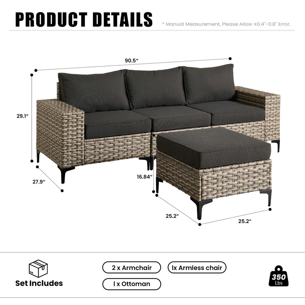 HOMLUX 4-Piece Patio Modular Sofa and Ottoman Set in Black, , large