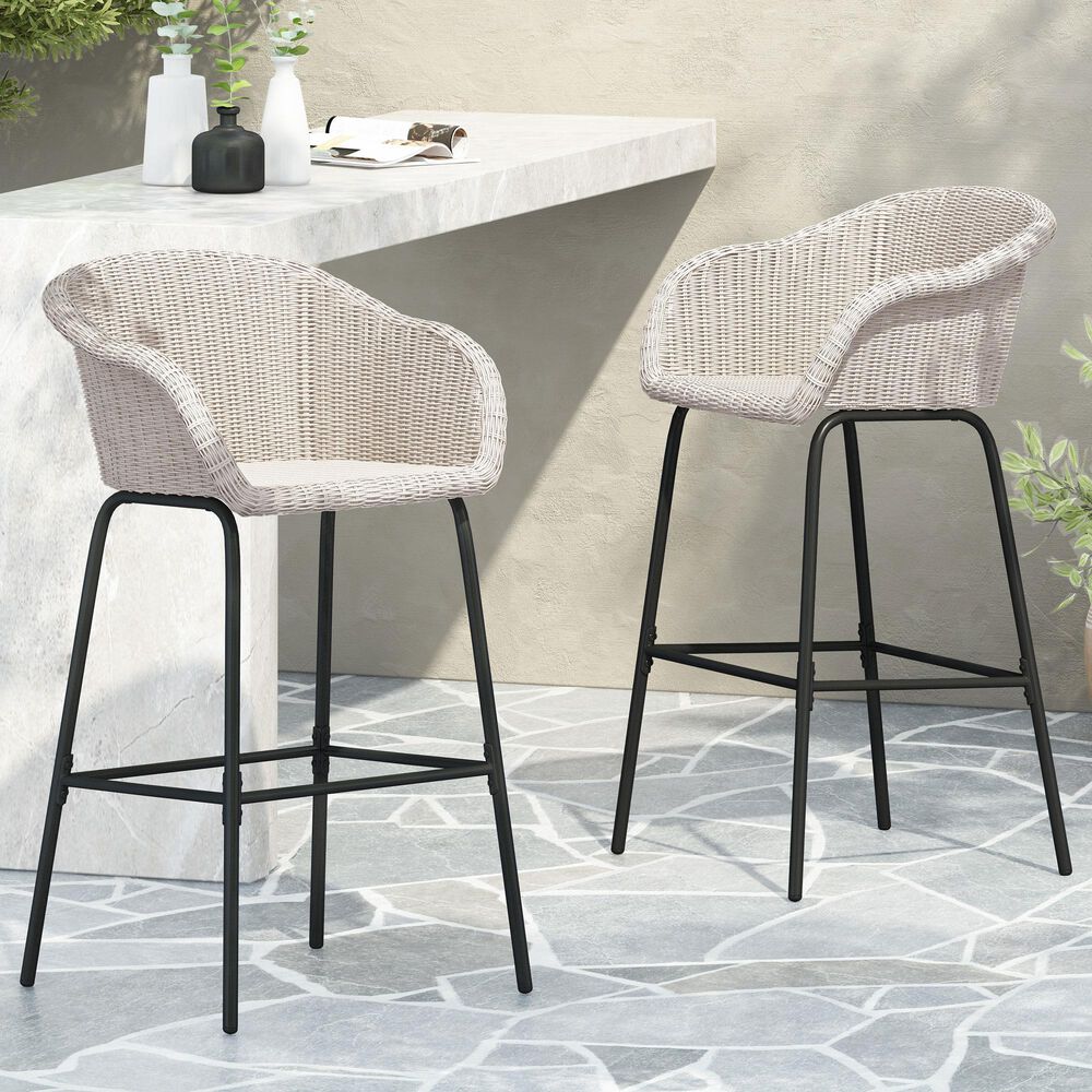 Hearth and Haven Ladd Outdoor Faux Wicker Barstool with Black Metal Frame in Light Gray (Set of 2), , large