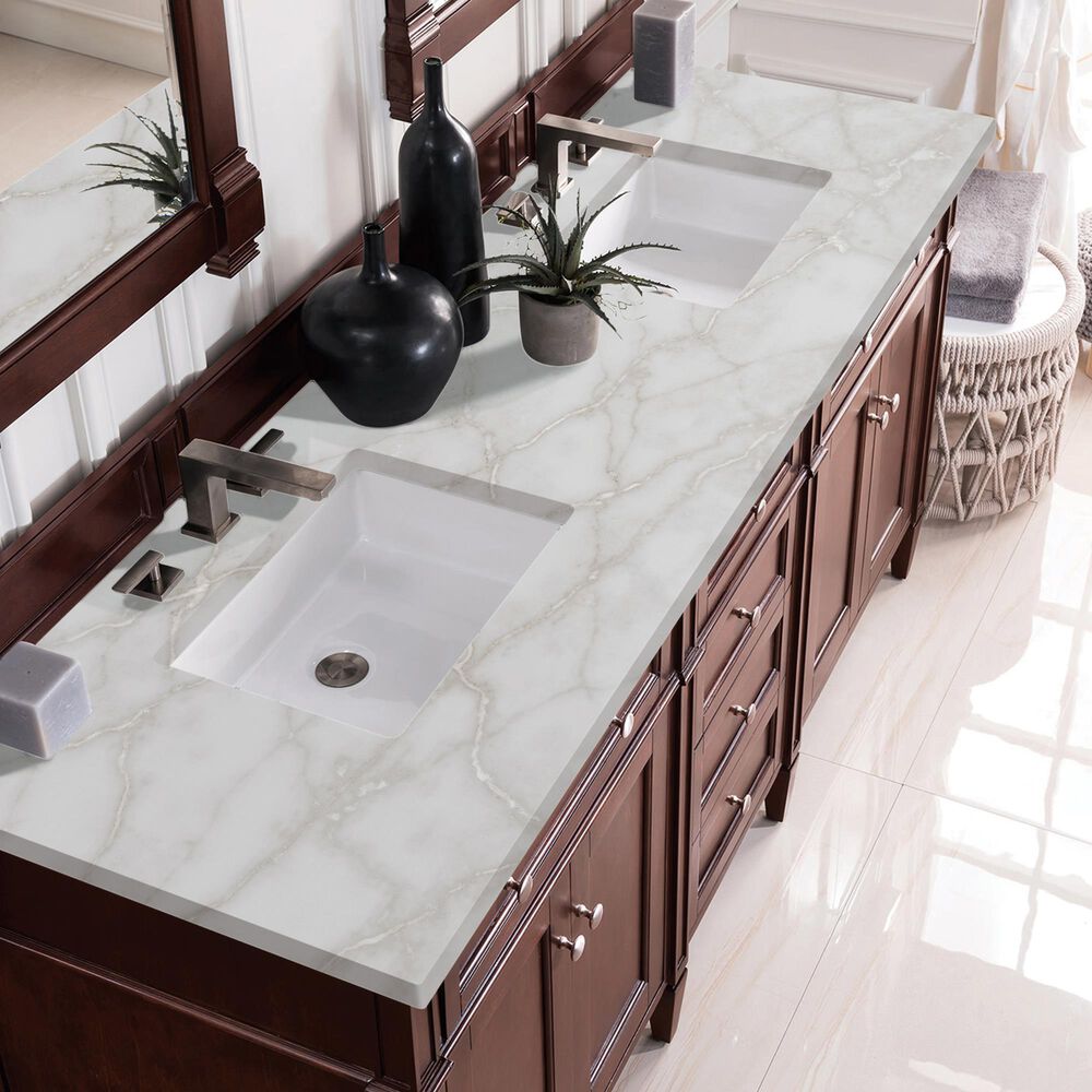James Martin Vanities Brittany 72&quot; Double Bathroom Vanity in Burnished Mahogany with 3 cm Victorian Silver Quartz Top and Rectangular Sinks, , large