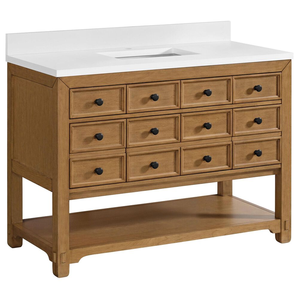 James Martin Vanities Malibu 48" Single Bathroom Vanity in Amber Birch with Single Hole 3 cm White Zeus Quartz Top and Rectangular Sink, , large