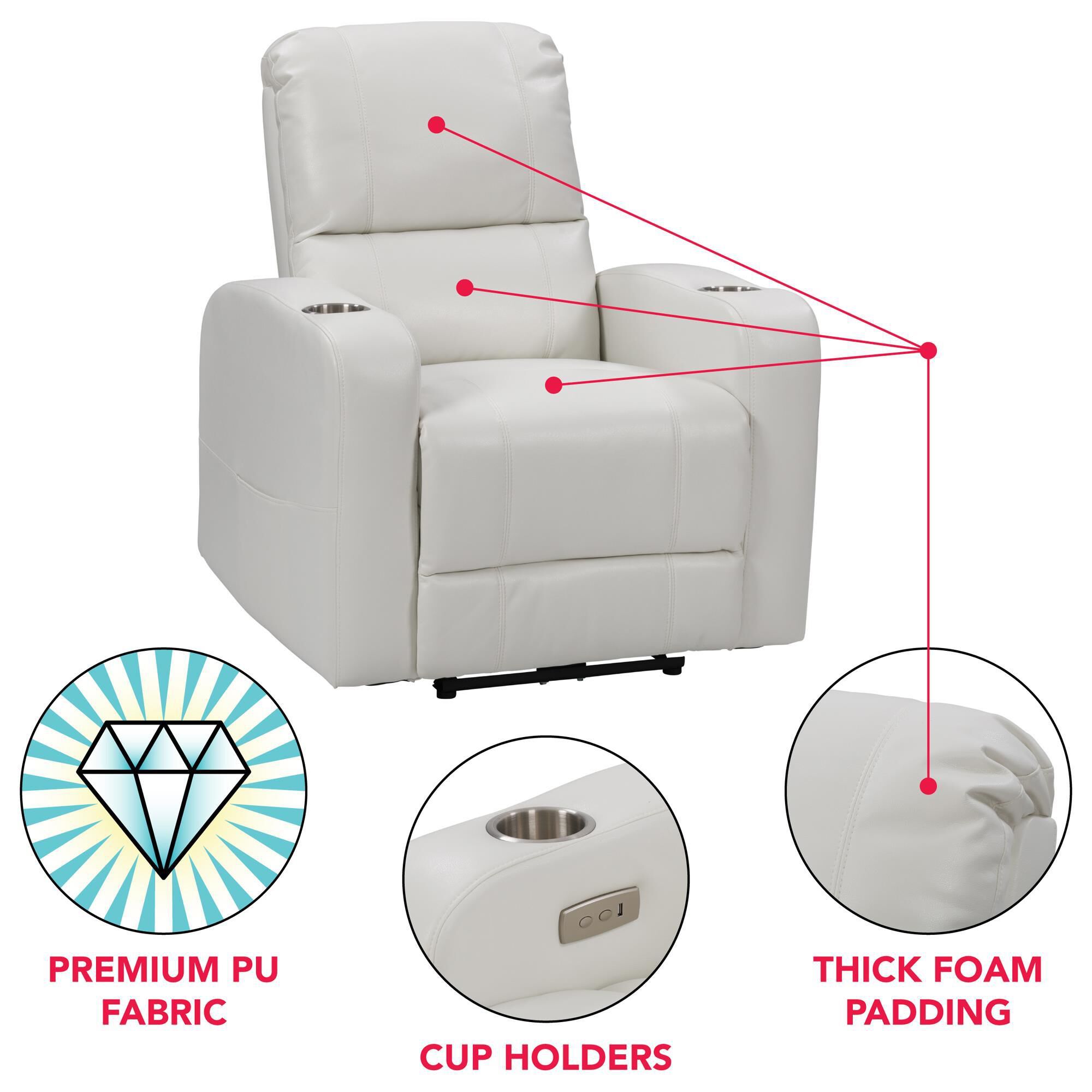 CorLiving Oren Power Theatre Wall Hugger Recliner in White NFM
