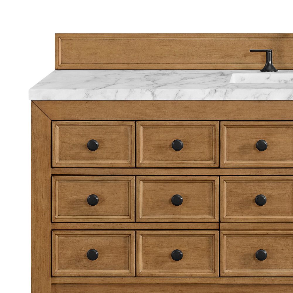 James Martin Malibu 60&quot; Single Bathroom Vanity in Amber Birch with 3 cm Carrara White Marble Top and Rectangular Sink, , large