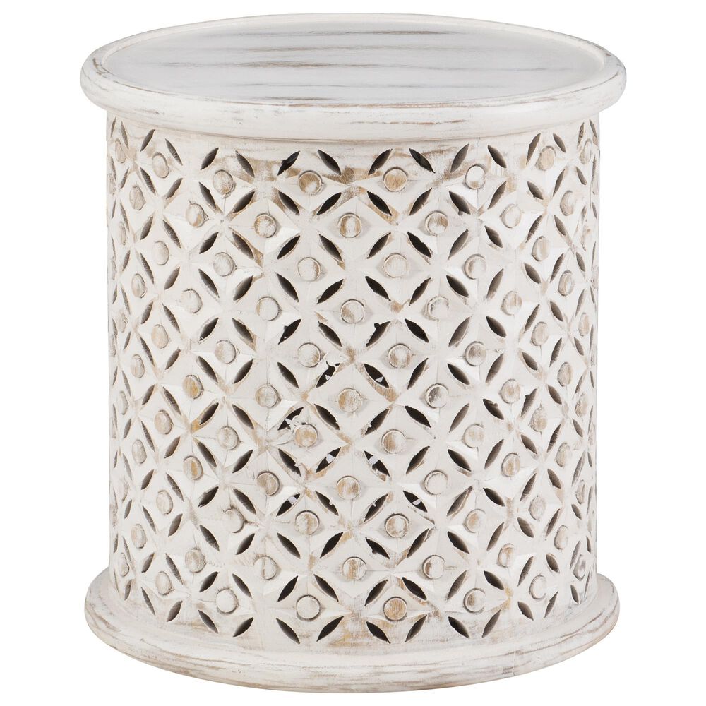 Linon Home Decor Inora Round Side Table in Distressed Antique White, , large