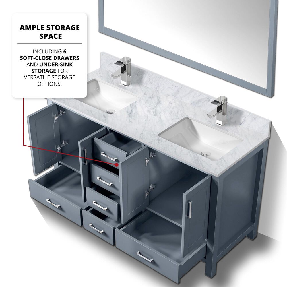 Lexora Home Jacques 60&quot; Double Bathroom Vanity in Dark Grey with 2 cm White Carrara Marble Top and Rectangular Sinks, , large
