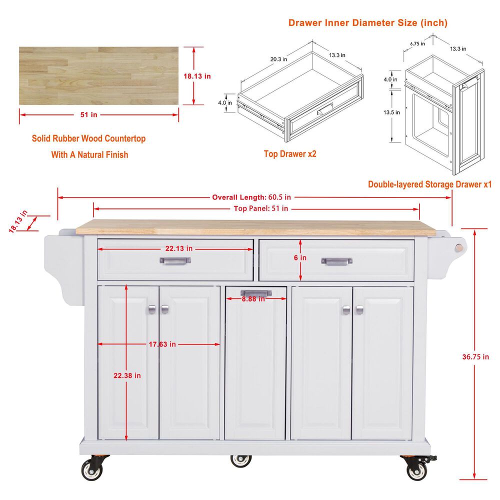 HOMLUX Kitchen Island with Rubber wood Countertop in White, , large
