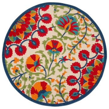 Nourison Aloha Floral 4" Round Red and Multicolor Indoor/Outdoor Area Rug, , large