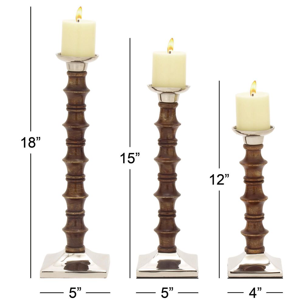 Maple and Jade Mango Wood Candle Holder in Brown and Silver &#40;Set of 3&#41;, , large