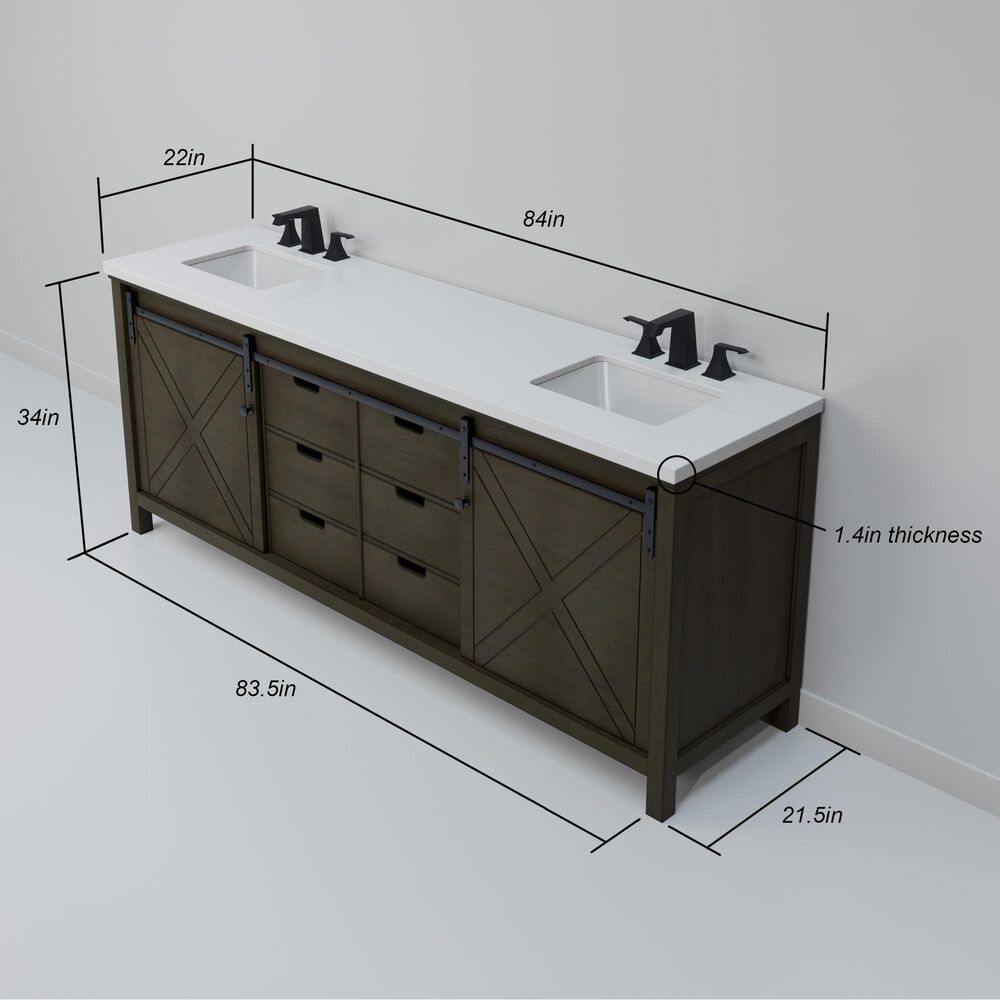 Lexora Home Marsyas 84&quot; Double Bathroom Vanity in Rustic Brown with White Quartz Top and Rectangular Sinks, , large