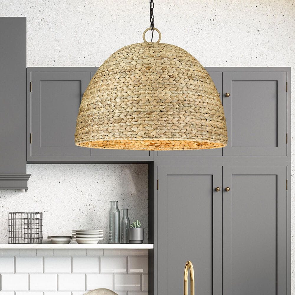 Golden Lighting Rue 8-Light Pendant in Matte Black with Woven Sweet Grass Shade, , large