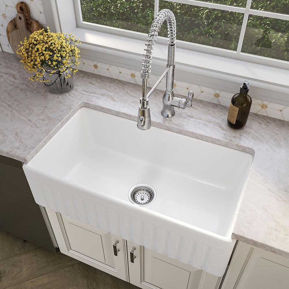 MS International Undermount Farmhouse Single Bowl Kitchen Sink in White, , large